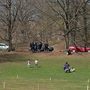 Color photograph of a group of people standing near a car in a park as two adults and four children play on the lawn in front of them
