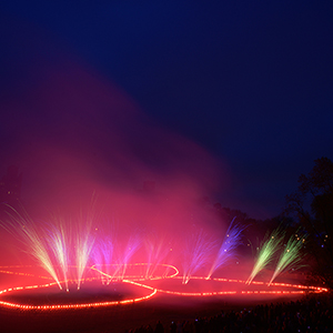 Color photograph of multicolored fireworks shooting up from a glowing red outline of a butterfly in a darkened park