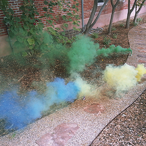Color photograph of plumes of blue, green, and yellow smoke rising from a garden path