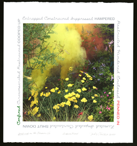 Print of plumes of yellow and orange smoke rising amid flowers and other plants surrounded by text around the borders