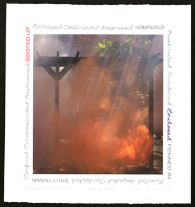 Print of orange smoke rising beneath a wooden trellis surrounded by text around the borders