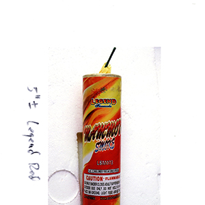 Printout of a picture of a red and yellow smoke canister with writing on it and annotated with handwritten text