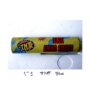 Printout of a picture of a yellow smoke canister with writing on it and annotated with handwritten text